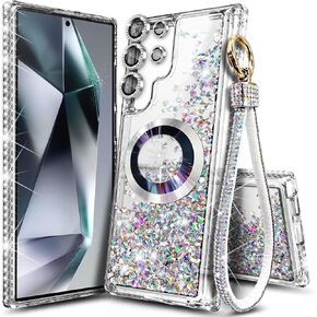 NGB Designed for Samsung Galaxy S23 Ultra Case, Clear | Magnetic Compatible with MagSafe | Glitter Liquid Sparkle Cute Cover for Women Girls | with Camera Lens Protector & Wrist Strap in Saudi Arabia