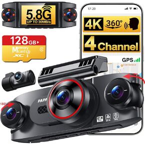 4 Channel 360° Dash Cam, 4K Front + 1080P Rear/Left/Right, 5GHz WiFi 30MB/s | Free 128GB SD Card, Voice Control Dash Camera, APP, GPS, 3" IPS Screen, Night vision, G-Sensor, Parking Mode, Loop Recording in Saudi Arabia