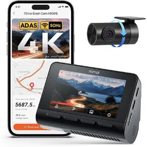 70mai 4K Dash Cam Front and Rear, Built in Wi-Fi 6 & GPS Car Camera, Super Night Vision, ADAS, 3'' IPS Screen, 24H Parking Mode, Time-Lapse, Loop Recording, with 128GB Card (A800SE) in Kuwait