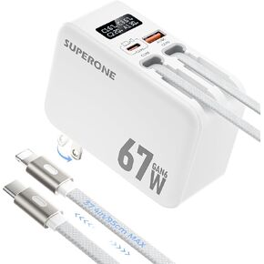 شاحن حائط قابل للسحب بقدرة 67 واط من SUPERONE مع كابلات USB C وكابلات Apple بطول 3.3 قدم | شاشة ذكية، شحن سريع، شاحن 4 في 1 قابل للسحب، قابس قابل للطي، للسفر، لأجهزة ماك بوك/سامسونج/آيفون 17 16 15 14 in Kuwait