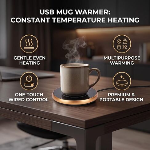 USB Mug Warmer with Wired Switch, Low Power Even Heating for | Aluminum Alloy Tempered Glass, 8-10W Desk Warmer for Milk, Enzymes, Tea, Compact 3.2in Diameter for Travel in Kuwait