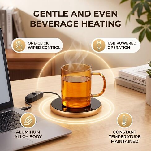 USB Mug Warmer with Wired Switch, Low Power Even Heating for | Aluminum Alloy Tempered Glass, 8-10W Desk Warmer for Milk, Enzymes, Tea, Compact 3.2in Diameter for Travel in Kuwait