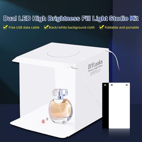 20cm 1100LM Light Photo Lighting Studio Shooting Tent Box Kit | Folding Portable 1100LM, 5500K, PVC, 2 Colors Backdrops (Black, White), Unfold Size: 24cm x 23cm x 23cm in Kuwait