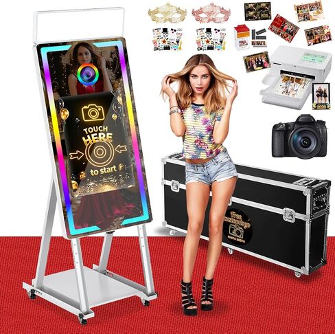 Magic Mirror Photo Booth, 40'' Mirror Photo Booth with Camera and Printer, 22'' Interactive Touch Screen, with Square Fill Light，Flight Case,Instant Printing for Event Party Wedding (White) in Kuwait