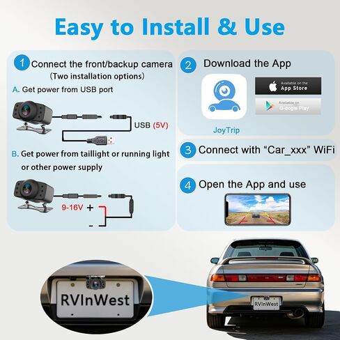 Wireless Backup Camera, RVInWest 1080P WiFi Waterproof Night Vision Wide View Angle, Stable Sign Front Rear View Camera for Car Truck SUV Pickup Camper Van Trailer for iPhone iPad Android Smartphone in Kuwait