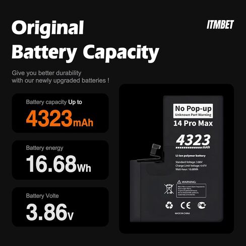 No Pop-up ‘Unknown Part’ Warning for iPhone 14 Pro Max Diagnostic Battery, Truthfully Rated 4323mAh Battery Replacement for iPhone 14 Pro Max with Full Tool Kit in Kuwait