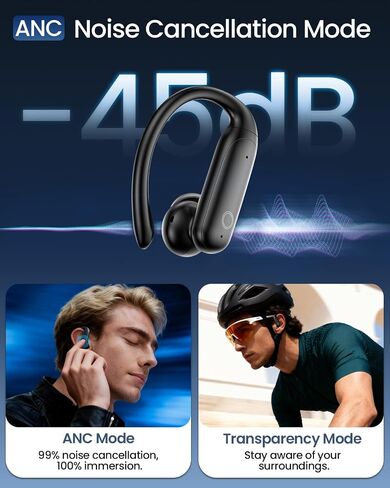 Wireless Earbuds Bluetooth 6.0 with ANC Touchscreen 40H Bass, Obsidian | Noise Cancelling Ear Buds with Ear Hooks for iOS, Android, Sports, Workout, Lightweight Over-ear Headphones Stereo Sound in Saudi Arabia