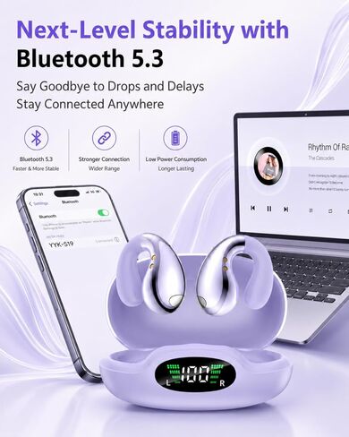 Ultra Open Ear Earbuds - Clip on Earbuds, Open Ear Headphones with Small Lightweight Bone Conduction Design, Comfortable Fit for Running, Gym Workouts and Sports, Aurora Purple in Saudi Arabia