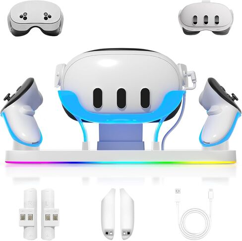 Charging Dock for Meta Quest3/3S, 18W Fast Charger with 2 Rechargeable Batteries, 8 LED Lighting Modes, USB-C Charging Accessory for Oculus Meta Quest 3/3S, Support Elite/Battery Head Strap in Saudi Arabia