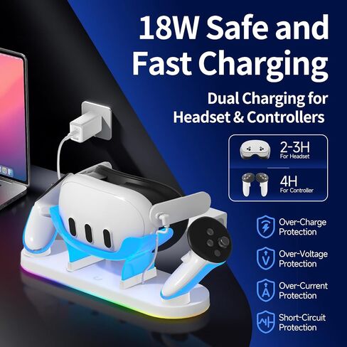 Charging Dock for Meta Quest3/3S, 18W Fast Charger with 2 Rechargeable Batteries, 8 LED Lighting Modes, USB-C Charging Accessory for Oculus Meta Quest 3/3S, Support Elite/Battery Head Strap in Saudi Arabia