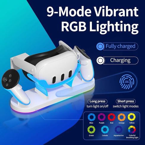 Charging Dock for Meta Quest3/3S, 18W Fast Charger with 2 Rechargeable Batteries, 8 LED Lighting Modes, USB-C Charging Accessory for Oculus Meta Quest 3/3S, Support Elite/Battery Head Strap in Saudi Arabia
