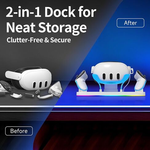 Charging Dock for Meta Quest3/3S, 18W Fast Charger with 2 Rechargeable Batteries, 8 LED Lighting Modes, USB-C Charging Accessory for Oculus Meta Quest 3/3S, Support Elite/Battery Head Strap in Saudi Arabia