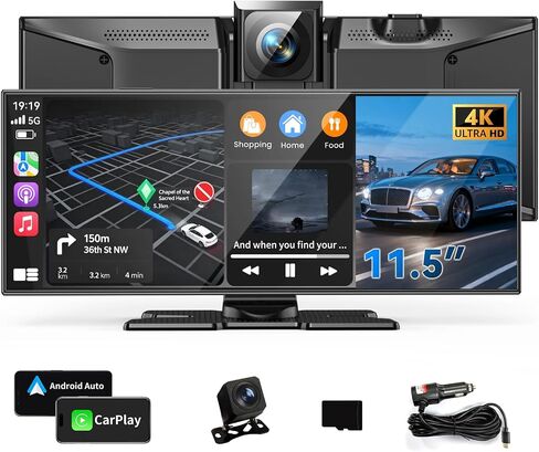 11.5" Wireless Carplay Screen for Car, Portable A pple Carplay & Android Auto Touch Screen, 4K Dash Cam/App Control/1080p Backup Camera/Mirror Link/Voice Control/GPS/Bluetooth,for All Vehicles in Kuwait