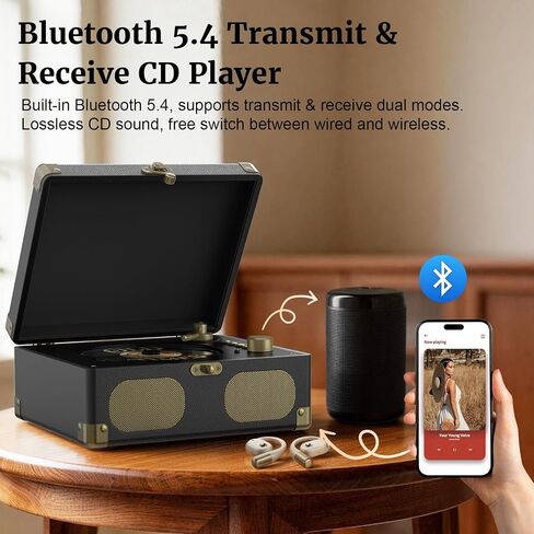 RetroAudio Portable Desktop CD Player with Built-in Speakers, Black | Remote Control, V5.4 Bluetooth In & Out, AUX Input, Headphone Jack, USB Playback, Suitcase Retro Home Music Player in Saudi Arabia