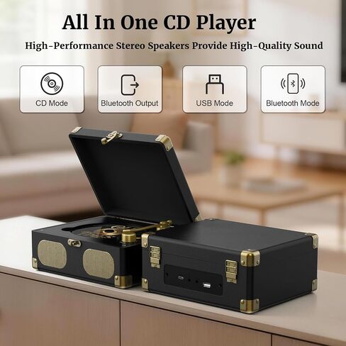 RetroAudio Portable Desktop CD Player with Built-in Speakers, Black | Remote Control, V5.4 Bluetooth In & Out, AUX Input, Headphone Jack, USB Playback, Suitcase Retro Home Music Player in Saudi Arabia