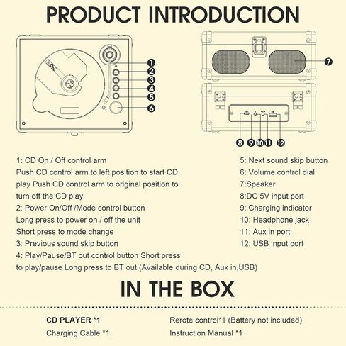 RetroAudio Portable Desktop CD Player with Built-in Speakers, Black | Remote Control, V5.4 Bluetooth In & Out, AUX Input, Headphone Jack, USB Playback, Suitcase Retro Home Music Player in Saudi Arabia