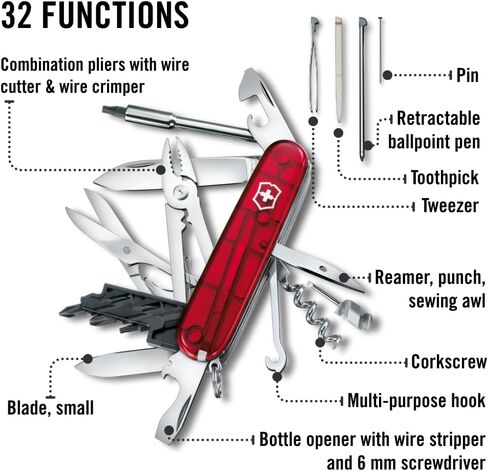 Victorinox CyberTool M 32 Function Swiss Army Pocket Knife, Red Transparent | Medium pocket knife with fold-out bit case, bit wrench, pliers, and wire stripper for electronics and EDC repairs in Kuwait