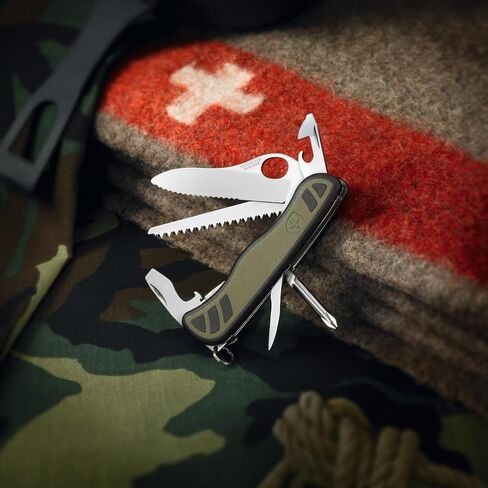 Victorinox Swiss Soldier's Knife 08 Army Knife, 10 Function, Olive/Black | Large one-handed lock blade with wavy edge, wood saw, screwdrivers, and dual-component scales for superior grip in Kuwait