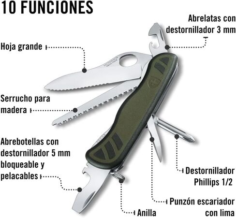 Victorinox Swiss Soldier's Knife 08 Army Knife, 10 Function, Olive/Black | Large one-handed lock blade with wavy edge, wood saw, screwdrivers, and dual-component scales for superior grip in Kuwait