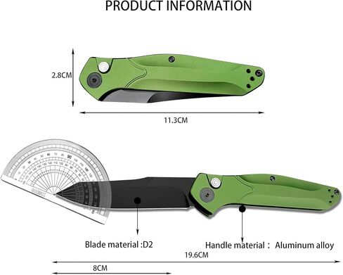 HUAAO 7.7" Manually Button-Lock Pocket Knife, Folding Knife with Reversible Pocket Clip, 3.14" D2 Blade and Green Aluminum Alloy Handles, Outdoor Survival Knife EDC Hunting Tool in Saudi Arabia