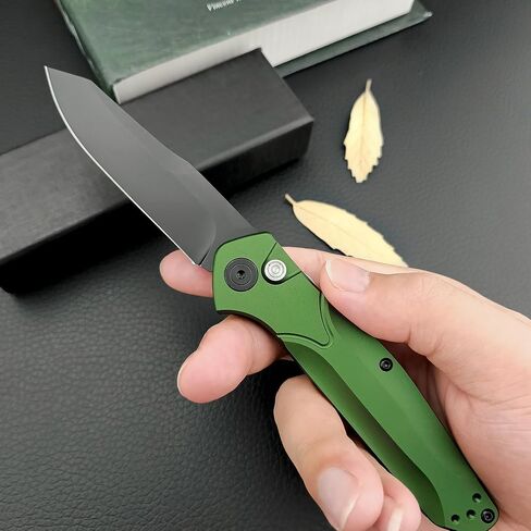 HUAAO 7.7" Manually Button-Lock Pocket Knife, Folding Knife with Reversible Pocket Clip, 3.14" D2 Blade and Green Aluminum Alloy Handles, Outdoor Survival Knife EDC Hunting Tool in Saudi Arabia