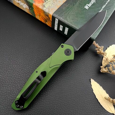 HUAAO 7.7" Manually Button-Lock Pocket Knife, Folding Knife with Reversible Pocket Clip, 3.14" D2 Blade and Green Aluminum Alloy Handles, Outdoor Survival Knife EDC Hunting Tool in Saudi Arabia
