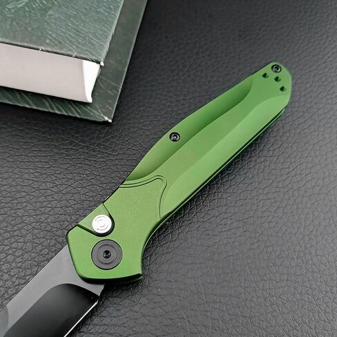 HUAAO 7.7" Manually Button-Lock Pocket Knife, Folding Knife with Reversible Pocket Clip, 3.14" D2 Blade and Green Aluminum Alloy Handles, Outdoor Survival Knife EDC Hunting Tool in Saudi Arabia