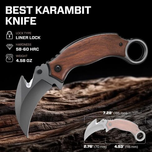Pocket Knife for Men - Karambit Folding Knife - 440C Sharp Steel, Tiger Claw Blade - Pocket Knives with Wood Handle - Compact Tool for EDC - Birthday Gift Idea for Dad, Husband, Boyfriend - X-52 in Saudi Arabia