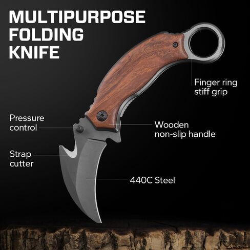 Pocket Knife for Men - Karambit Folding Knife - 440C Sharp Steel, Tiger Claw Blade - Pocket Knives with Wood Handle - Compact Tool for EDC - Birthday Gift Idea for Dad, Husband, Boyfriend - X-52 in Saudi Arabia