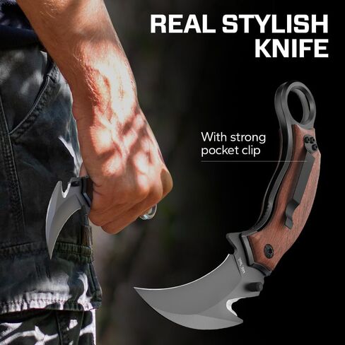 Pocket Knife for Men - Karambit Folding Knife - 440C Sharp Steel, Tiger Claw Blade - Pocket Knives with Wood Handle - Compact Tool for EDC - Birthday Gift Idea for Dad, Husband, Boyfriend - X-52 in Saudi Arabia