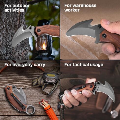 Pocket Knife for Men - Karambit Folding Knife - 440C Sharp Steel, Tiger Claw Blade - Pocket Knives with Wood Handle - Compact Tool for EDC - Birthday Gift Idea for Dad, Husband, Boyfriend - X-52 in Saudi Arabia