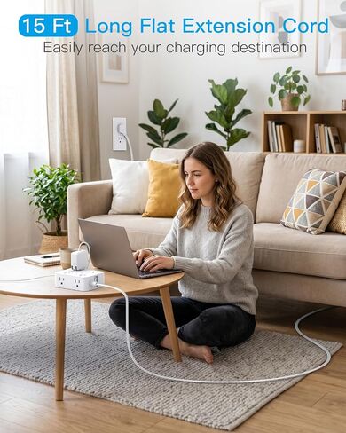 15 Ft Long Extension Cord with Multiple Outlets, Flat Plug Power Strip | Surge Protector, 1080J, 8 Outlets 4 USB Ports(2 USB C), Desk Outlet Extender, Wall Mount, Home Office Dorm Room Essentials in Saudi Arabia