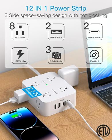 15 Ft Long Extension Cord with Multiple Outlets, Flat Plug Power Strip | Surge Protector, 1080J, 8 Outlets 4 USB Ports(2 USB C), Desk Outlet Extender, Wall Mount, Home Office Dorm Room Essentials in Saudi Arabia