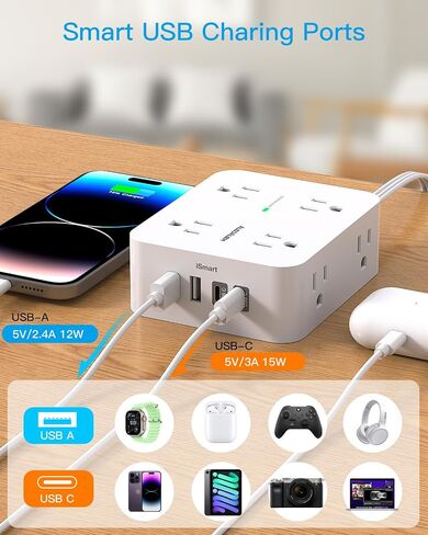 15 Ft Long Extension Cord with Multiple Outlets, Flat Plug Power Strip | Surge Protector, 1080J, 8 Outlets 4 USB Ports(2 USB C), Desk Outlet Extender, Wall Mount, Home Office Dorm Room Essentials in Saudi Arabia