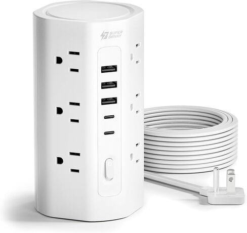 SUPERDANNY Tower Power Strip, 10Ft Extension Cord, 1700J, 12 AC 5 USB,White | 3 USB A, 2 USB C, Surge Protector Power Tower, Flat Plug, Desk Charging Station with Multiple Outlets, Home Office Dorm Room in Saudi Arabia