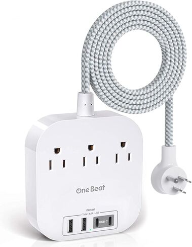 One Beat Power Strip with USB C, 3 Outlets 4 USB Ports (22.5W/4.5A), 6ft | Desktop Charging Station, Flat Plug, Braided Extension Cord, Non Surge Protector for Travel, Cruise Ship, ETL Listed in Saudi Arabia