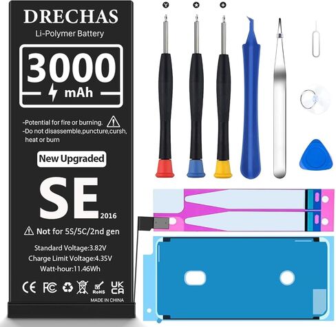 بطارية لهاتف iPhone SE 2016 الجيل الأول (3000 مللي أمبير)، بطارية بديلة ليثيوم بوليمر عالية السعة 0 دورة لهاتف iPhone SE 2016 الجيل الأول A1662، A1723، A1724 مع مجموعة أدوات إصلاح احترافية in Kuwait