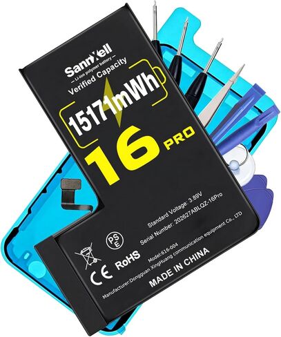 بطارية عالية السعة مطورة لاستبدال iPhone 16 Pro، 15171 ميجاوات في الساعة 0 دورة A3083 A3292 A3293 A3294، بطارية ليثيوم أيون طويلة الأمد للغاية مع مجموعة أدوات إصلاح كاملة in Kuwait