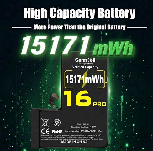 بطارية عالية السعة مطورة لاستبدال iPhone 16 Pro، 15171 ميجاوات في الساعة 0 دورة A3083 A3292 A3293 A3294، بطارية ليثيوم أيون طويلة الأمد للغاية مع مجموعة أدوات إصلاح كاملة in Kuwait