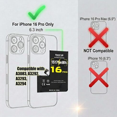 بطارية عالية السعة مطورة لاستبدال iPhone 16 Pro، 15171 ميجاوات في الساعة 0 دورة A3083 A3292 A3293 A3294، بطارية ليثيوم أيون طويلة الأمد للغاية مع مجموعة أدوات إصلاح كاملة in Kuwait