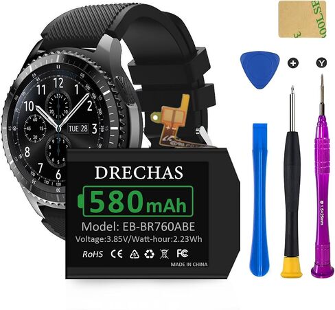 [580 مللي أمبير] بطارية لجهاز Samsung Gear S3 Frontier SM-R760، بطارية بديلة ليثيوم بوليمر عالية السعة لجهاز Gear S3 Classic SM-R770 R760 R770 BR760 R765 EB-BR760ABE، GH43-04699A مع مجموعة أدوات إصلاح in Kuwait