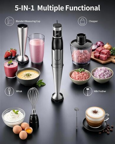 SHARDOR Immersion Blender Handheld, 1100W Hand Blender with Variable Speed, 5-in-1 Stick Blender Stainless Steel Shaft with Chopper, Whisk, Frother & Beaker for Soup, Sauces, Smoothies, Baby Food in Saudi Arabia