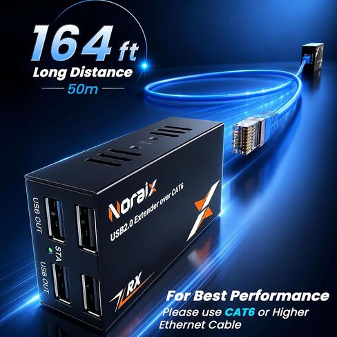 164ft/50m USB Extender Over Ethernet Cat6/7, 4-Port USB2.0 Extender Kit | 4-Ports USB over CAT6/CAT7, PoC (Power Over Cable), Plug and Play, 480Mbps, Built-in ESD Protection, Wide Compability in Saudi Arabia