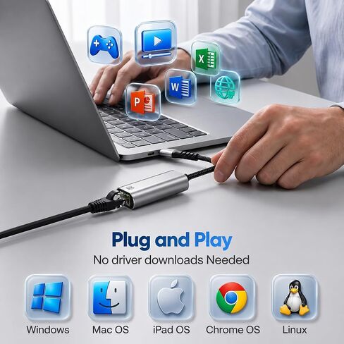 USB C to Ethernet Adapter 2.5Gb, Aluminum USB-C Ethernet Adapter for Laptop | 2.5Gbps High Speed , RTL8156BG , 1G to 2.5G Upgrade , USB-C to RJ45 , Thunderbolt 4/3 , Windows, MacBook Air/Pro, iPad OS in Kuwait