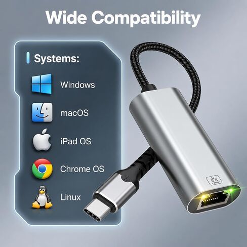 USB C to Ethernet Adapter 2.5Gb, Aluminum USB-C Ethernet Adapter for Laptop | 2.5Gbps High Speed , RTL8156BG , 1G to 2.5G Upgrade , USB-C to RJ45 , Thunderbolt 4/3 , Windows, MacBook Air/Pro, iPad OS in Kuwait