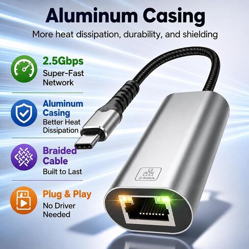 USB C to Ethernet Adapter 2.5Gb, Aluminum USB-C Ethernet Adapter for Laptop | 2.5Gbps High Speed , RTL8156BG , 1G to 2.5G Upgrade , USB-C to RJ45 , Thunderbolt 4/3 , Windows, MacBook Air/Pro, iPad OS in Kuwait