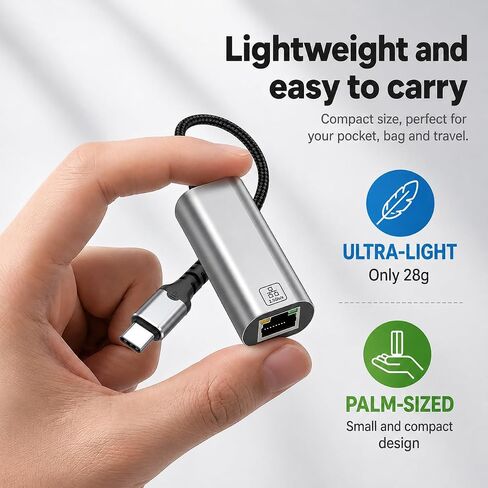 USB C to Ethernet Adapter 2.5Gb, Aluminum USB-C Ethernet Adapter for Laptop | 2.5Gbps High Speed , RTL8156BG , 1G to 2.5G Upgrade , USB-C to RJ45 , Thunderbolt 4/3 , Windows, MacBook Air/Pro, iPad OS in Kuwait