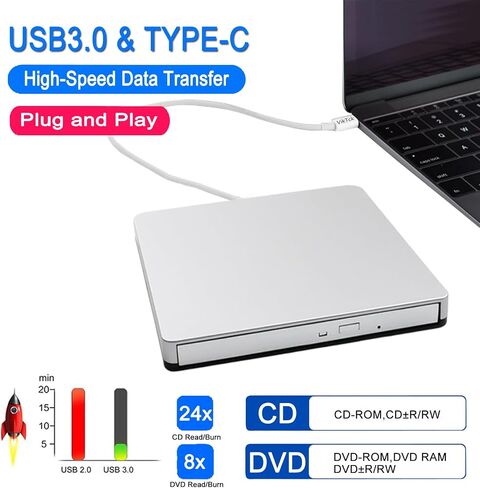 External CD DVD Drive Type-C USB 3.0 Portable CD DVD Burner/Writer Optical Disk Drive Player Reader for MacBook Pro Air iMac Laptop Desktop PC Windows 11/10/8/7 Linux Mac OS in Saudi Arabia