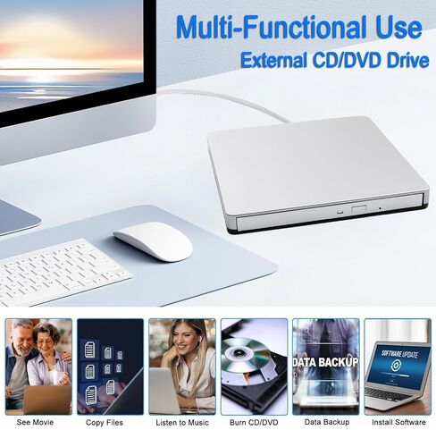 External CD DVD Drive Type-C USB 3.0 Portable CD DVD Burner/Writer Optical Disk Drive Player Reader for MacBook Pro Air iMac Laptop Desktop PC Windows 11/10/8/7 Linux Mac OS in Saudi Arabia