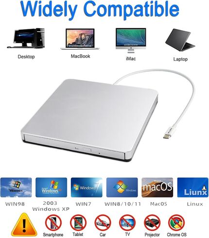 External CD DVD Drive Type-C USB 3.0 Portable CD DVD Burner/Writer Optical Disk Drive Player Reader for MacBook Pro Air iMac Laptop Desktop PC Windows 11/10/8/7 Linux Mac OS in Saudi Arabia